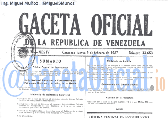 Gaceta Oficial 33653 del 5 Febrero 1987