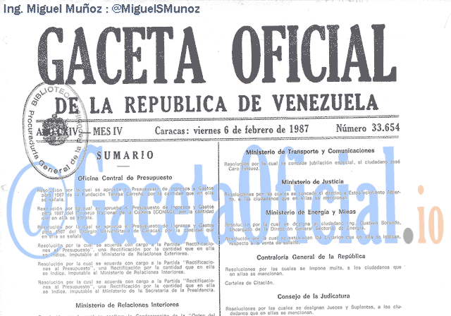 Gaceta Oficial 33654 del 6 Febrero 1987