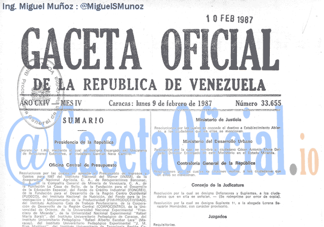 Gaceta Oficial 33655 del 9 Febrero 1987
