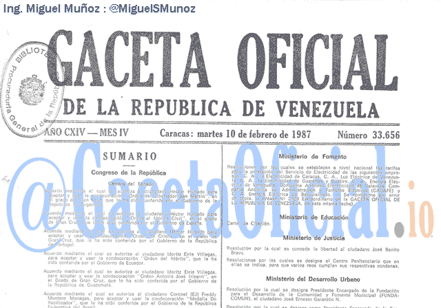Gaceta Oficial 33656 del 10 Febrero 1987