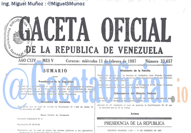Gaceta Oficial 33657 del 11 Febrero 1987