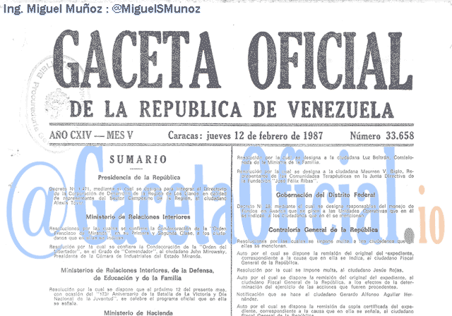 Gaceta Oficial 33658 del 12 Febrero 1987
