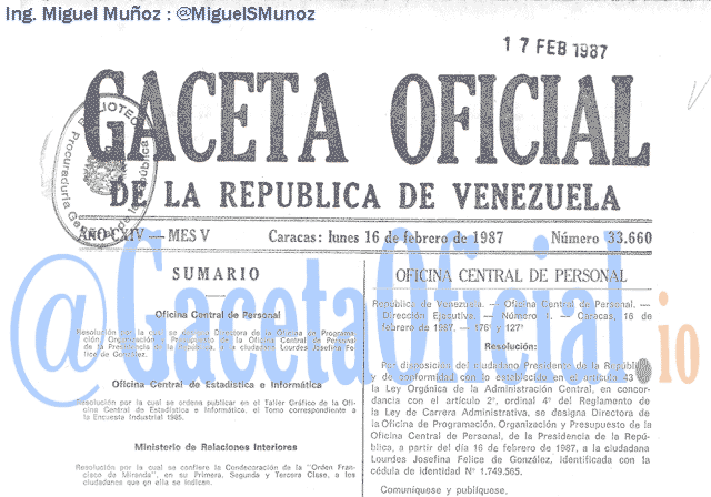 Gaceta Oficial 33660 del 16 Febrero 1987
