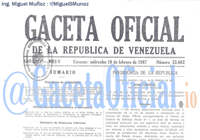 Gaceta Oficial 33662 del 18 Febrero 1987