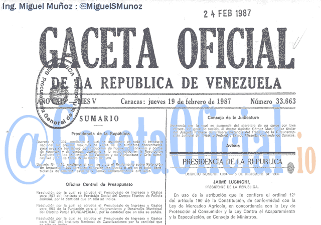 Gaceta Oficial 33663 del 19 Febrero 1987
