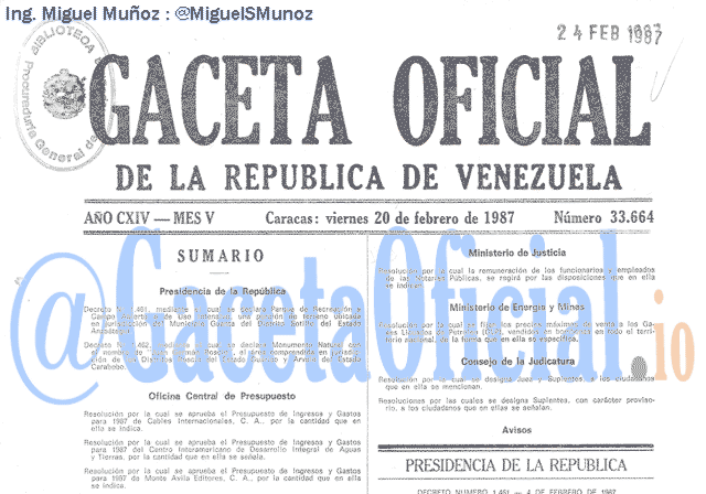Gaceta Oficial 33664 del 20 Febrero 1987