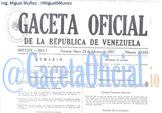 Gaceta Oficial 33665 del 23 Febrero 1987
