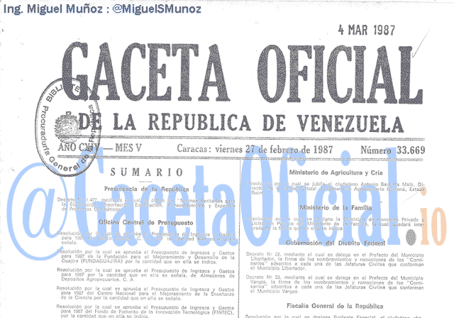 Gaceta Oficial 33669 del 27 Febrero 1987