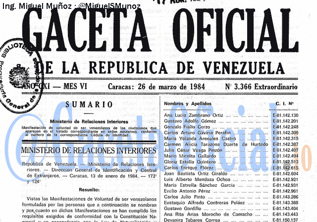 Gaceta Oficial 3366 del 26 Marzo 1984