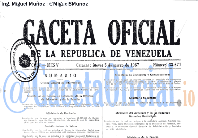 Gaceta Oficial 33671 del 5 Marzo 1987