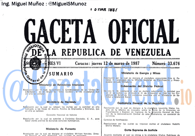 Gaceta Oficial 33676 del 12 Marzo 1987