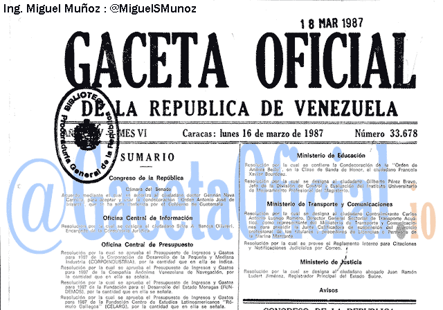 Gaceta Oficial 33678 del 16 Marzo 1987