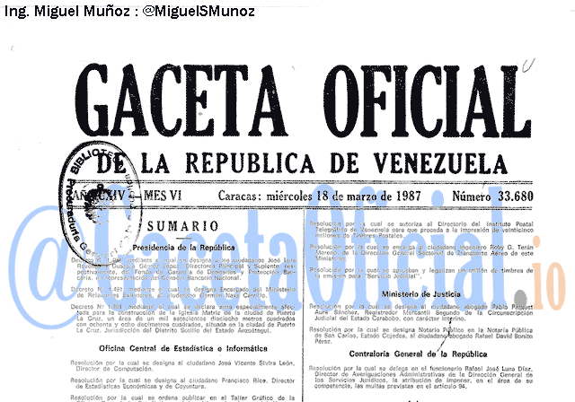 Gaceta Oficial 33680 del 18 Marzo 1987