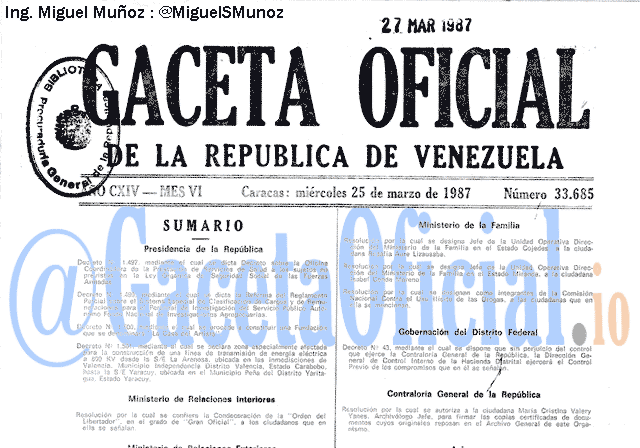 Gaceta Oficial 33685 del 25 Marzo 1987
