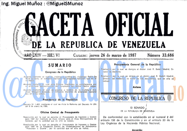 Gaceta Oficial 33686 del 26 Marzo 1987