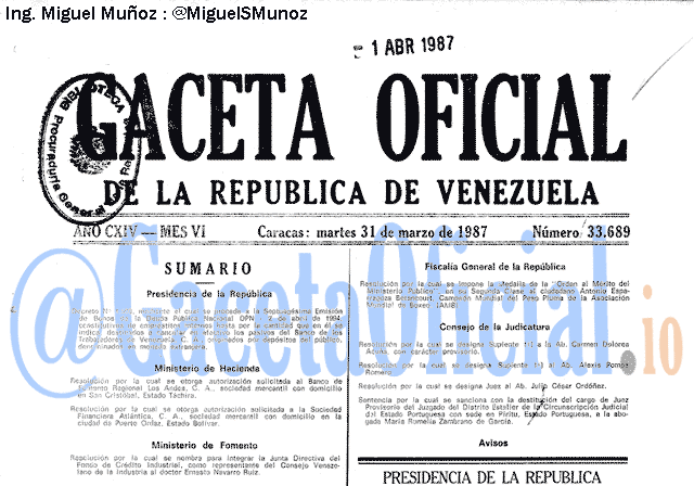 Gaceta Oficial 33689 del 31 Marzo 1987