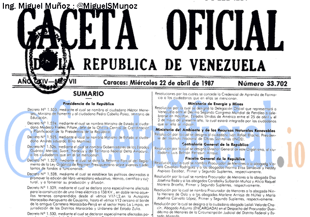 Gaceta Oficial 33702 del 22 Abril 1987