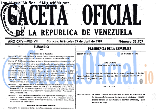 Gaceta Oficial 33707 del 29 Abril 1987