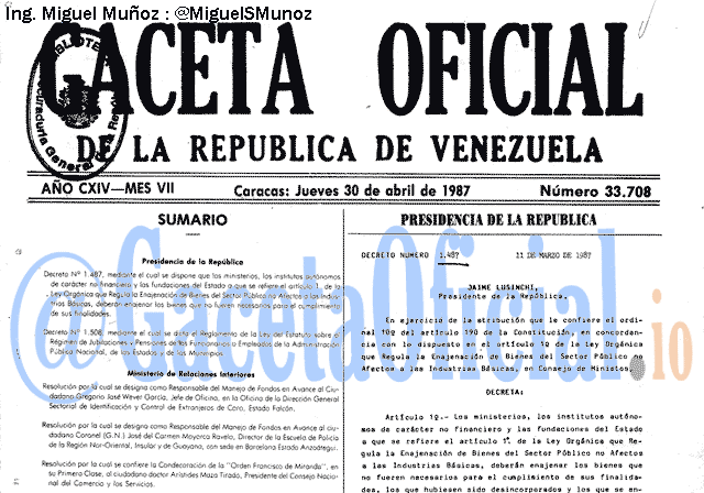 Gaceta Oficial 33708 del 30 Abril 1987