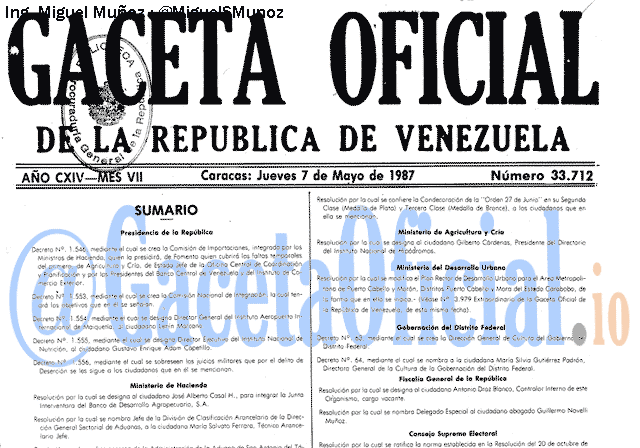 Gaceta Oficial 33712 del 7 Mayo 1987