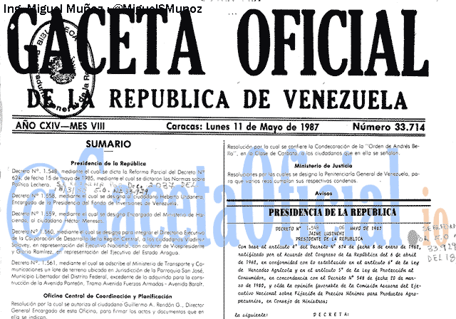 Gaceta Oficial 33714 del 11 Mayo 1987