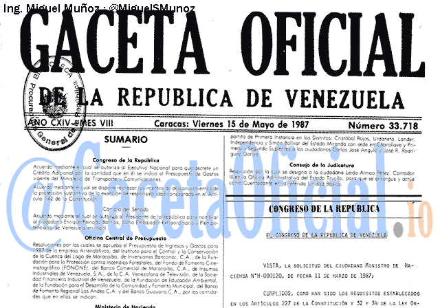 Gaceta Oficial 33718 del 15 Mayo 1987