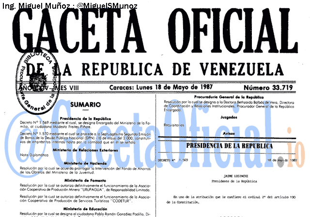 Gaceta Oficial 33719 del 18 Mayo 1987