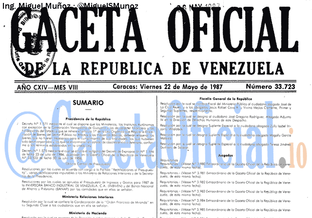 Gaceta Oficial 33723 del 22 Mayo 1987
