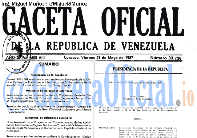 Gaceta Oficial 33728 del 29 Mayo 1987