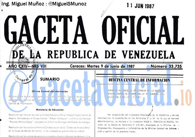 Gaceta Oficial 33735 del 9 Junio 1987