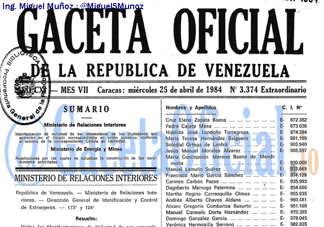 Gaceta Oficial 3374 del 25 Abril 1984