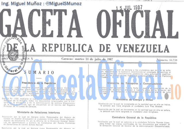 Gaceta Oficial 33759 del 14 Julio 1987
