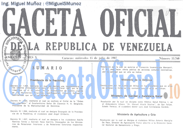 Gaceta Oficial 33760 del 15 Julio 1987