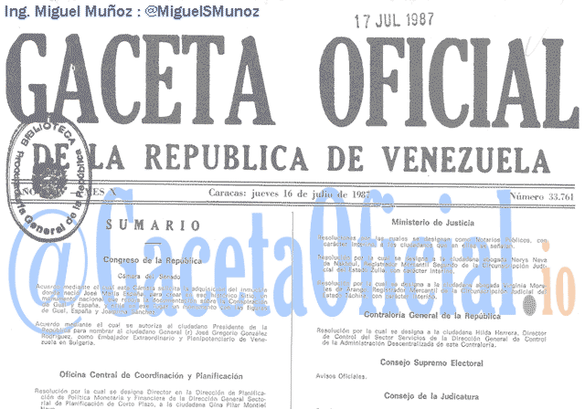 Gaceta Oficial 33761 del 16 Julio 1987