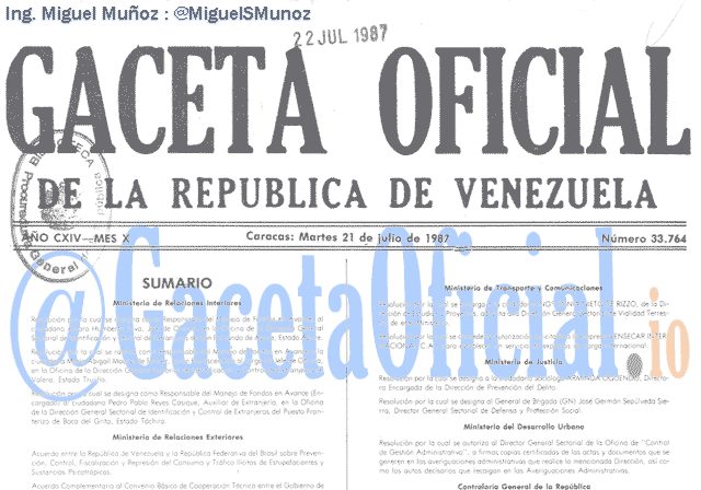 Gaceta Oficial 33764 del 21 Julio 1987