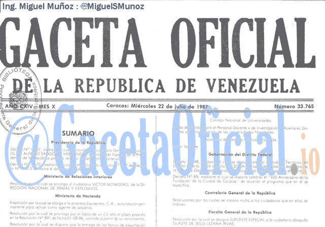 Gaceta Oficial 33765 del 22 Julio 1987