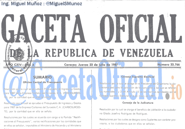 Gaceta Oficial 33766 del 23 Julio 1987