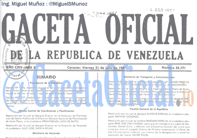Gaceta Oficial 33771 del 31 Julio 1987
