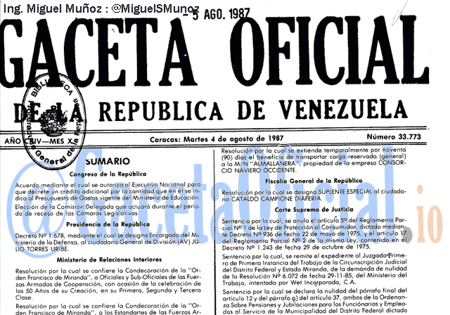 Gaceta Oficial 33773 del 4 Agosto 1987