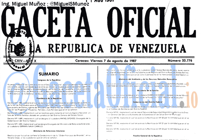 Gaceta Oficial 33776 del 7 Agosto 1987