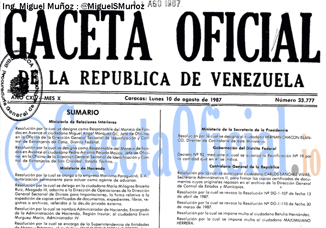 Gaceta Oficial 33777 del 10 Agosto 1987