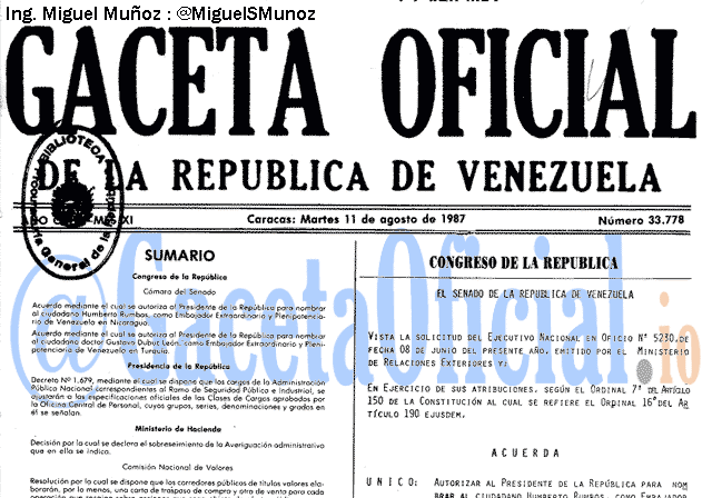 Gaceta Oficial 33778 del 11 Agosto 1987