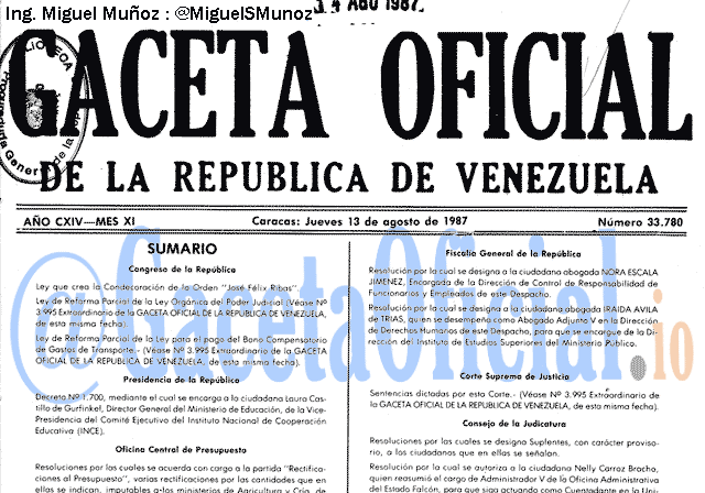 Gaceta Oficial 33780 del 13 Agosto 1987