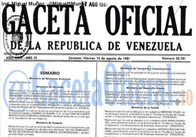 Gaceta Oficial 33781 del 14 Agosto 1987