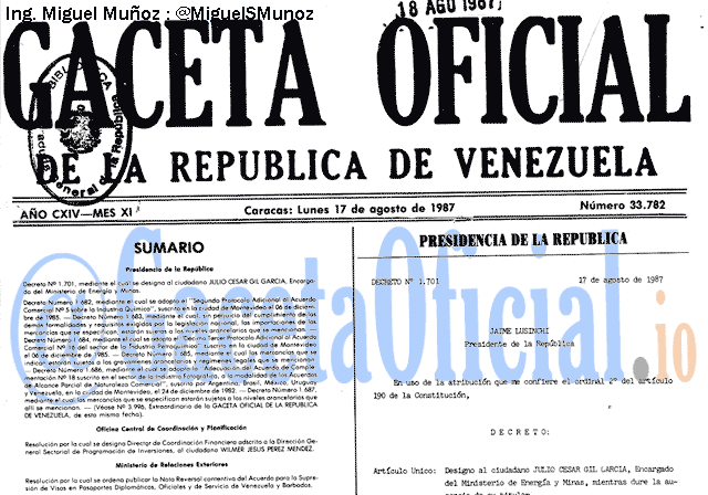 Gaceta Oficial 33782 del 17 Agosto 1987