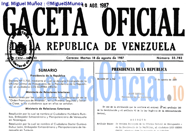 Gaceta Oficial 33783 del 18 Agosto 1987