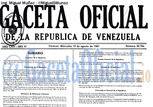 Gaceta Oficial 33784 del 19 Agosto 1987