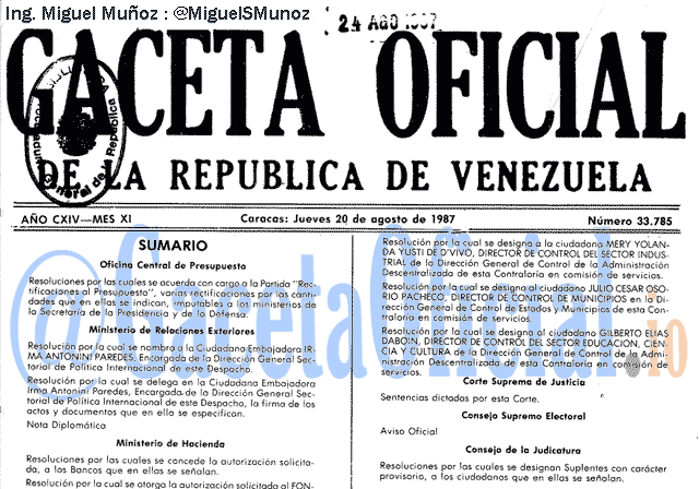 Gaceta Oficial 33785 del 20 Agosto 1987