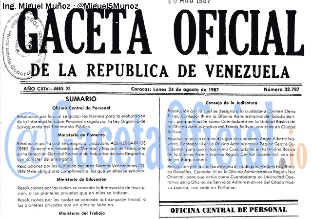 Gaceta Oficial 33787 del 24 Agosto 1987