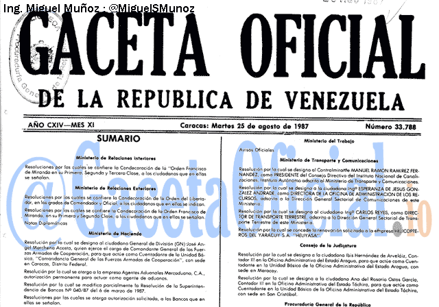 Gaceta Oficial 33788 del 25 Agosto 1987